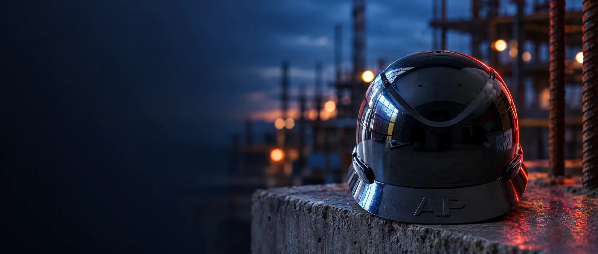 Casco de seguridad negro tipo cachucha sobre un muro de concreto en obra