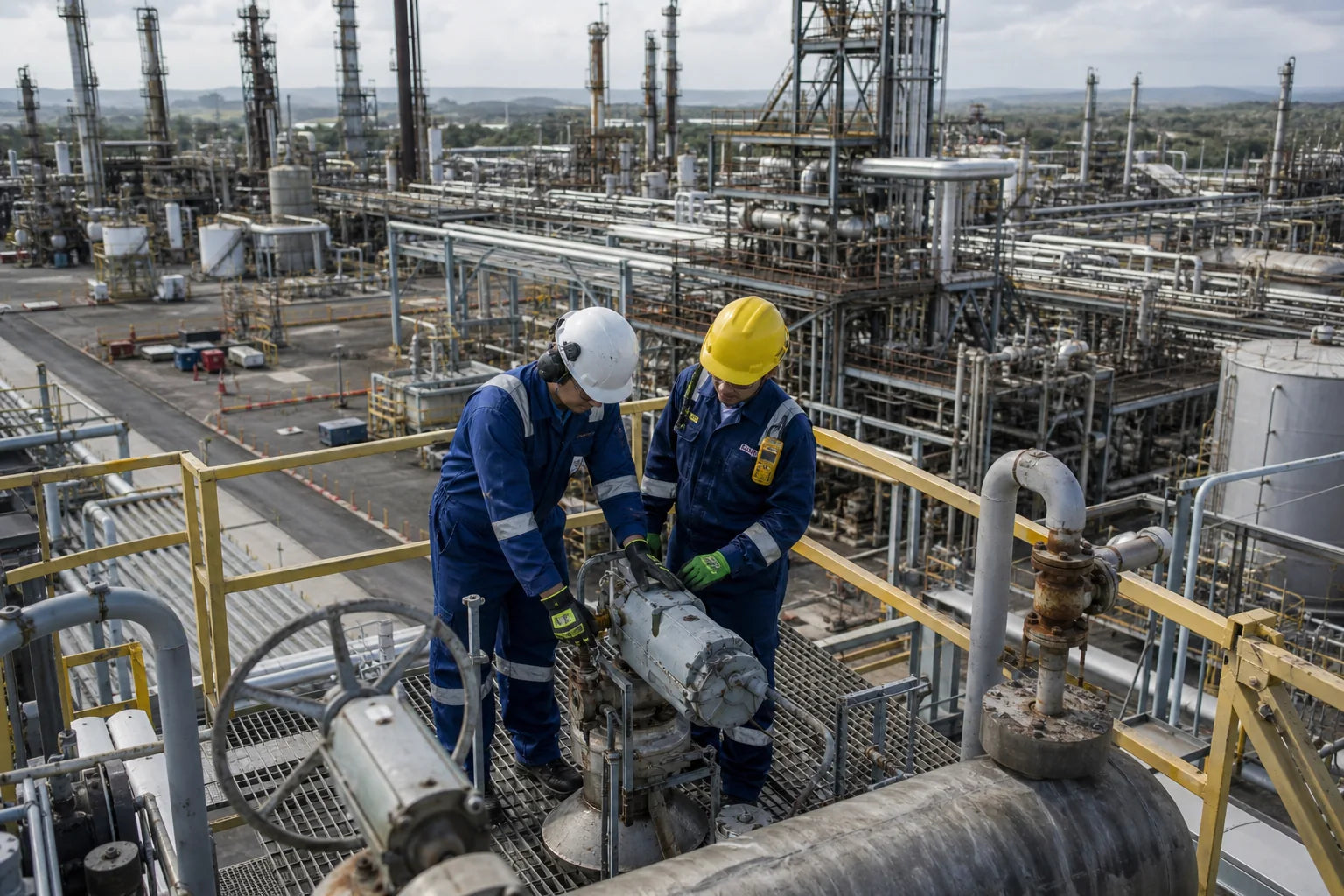 Trabajadores con equipo de protección en una planta industrial